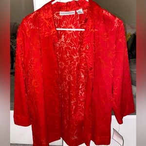 Coral Red Lace Patterned Sheer Button Down Small